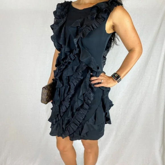 Marchesa Notte Black Silk Ruffle Cocktail Dress $795 - Picture 4 of 10